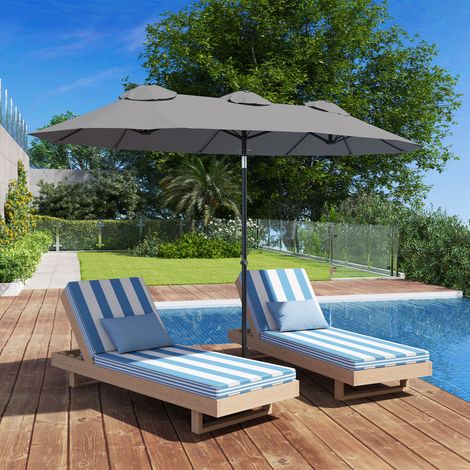 Parasol double, inclinable à 45°, avec manivelle et aérations. En acier et polyester. 285 x 147 x 227 cm. Gris.