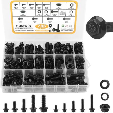 286-Piece Metric Flange Bolt Assortment,  M6-1.0,  M8-1.25,  M10-1.5 (12mm to 30mm) Metric Bolt and Nut Assortment,  Black Zinc Galvanized (1/5)