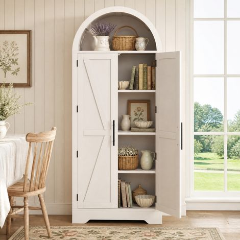 Credenza alta arcuata 70 x 35 x 170 cm in MDF bianco con nicchia aperta, vetrina e vani, REDOM (1/5)
