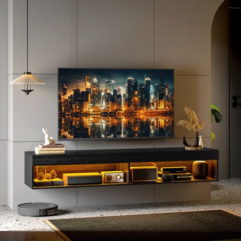 Support mural pour téléviseur jusqu'à 75 pouces (190 cm) avec éclairage LED 16 couleurs et télécommande. 180 x 40 x 30 cm. Noir.