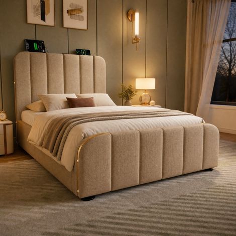 Cama individual 90x200 cm de lino beige con arcón y USB, sin colchón -FLORAGRACE (1/5)