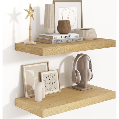 Lot de 2 étagères flottantes de 61 x 22,9 cm, étagère murale flottante de 22,9 cm de profondeur, étagères murales de 61 cm, étagère murale en bois rustique pour chambre à coucher, salon, couleur chêne (1/5)