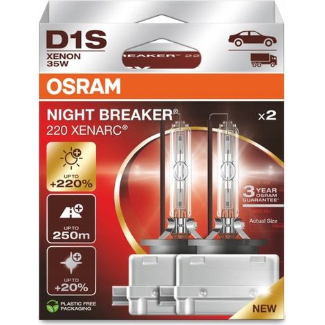 OSRAM XENARC NIGHT BREAKER 220, D1S, +220% más brillo, lámpara de faro de xenón, 66140XN2-2HB, Caja plegable (2 lámparas) (1/5)