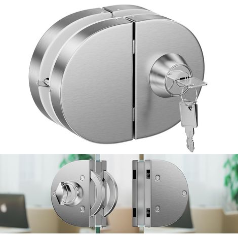 serrure en acier inoxydable 304 pour porte en verre 10–12 mm, conception avec clé et bouton intérieur, installation sans perçage, structure en V avec vis cachées, finition nickel brossé moderne (1/5)