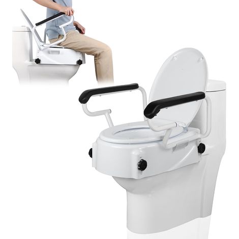 Rehausseur WC Adulte avec Accoudoir (3 hauteurs) Réglable Rehausseur de toilette avec Couvercle Siège de Toilette Surelévé Surélevé personnes âgées À mobilité réduite (1/5)