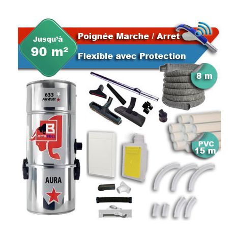 Aspiration centralisée avec sac OTTO BULL AURA 300 INOX garantie 2 ans + flexible rétractable 8 m avec housse de protection + poignée marche/arrêt + 7 accessoires + kit 1 prise RETRAFLEX + kit prise b (1/5)