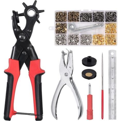 Pince Perforatrice en Cuir Rotative avec 6 Poinçon 2-2,5-3 - 3,5-4 - 4,5 mm Pince Parfait pour Ceintures, Travaux Manuels + 240 PCS Rivets en Cuir Rivet à Double Capuchon