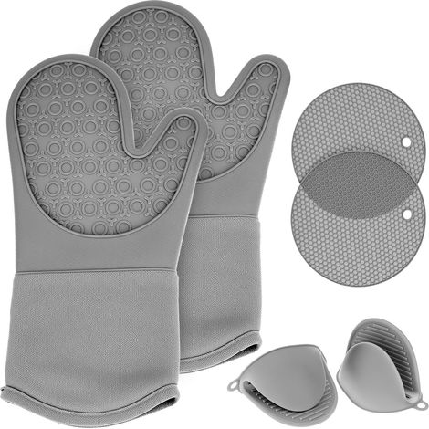 Lot de 6 maniques Cuisine en Silicone, 1 Paire de Gants de Cuisine, 2 maniques et 2 Mini Gants de Four, pour Barbecue, pâtisserie, Micro-Ondes, Gris (1/5)