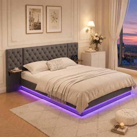 Lit double adulte 140x200 cm gris avec rangement hydraulique, ports de charge USB et éclairage LED intégré (1/5)