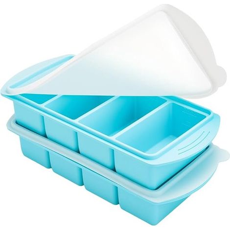 Vassoio per cubetti di ghiaccio in silicone con coperchio, set da 2 pezzi, senza BPA, riutilizzabile. I cubetti di ghiaccio si estraggono facilmente. Contenitore per alimenti per neonati. (1/5)