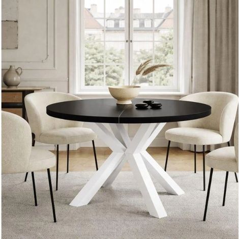 Table de salle à manger ronde extensible RAL avec pieds en bois, style loft, industriel, diamètre : 90 / 140 cm, couleur : noir / blanc (1/5)