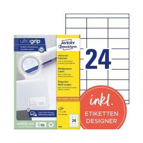Avery Zweckform Universaletikett 3664 70x33,8mm weiß 2.400 St./Pack. (1/3)