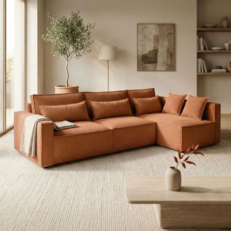 Canapé d'angle à droite 294x140x88 cm en velours côtelé terracotta (1/5)