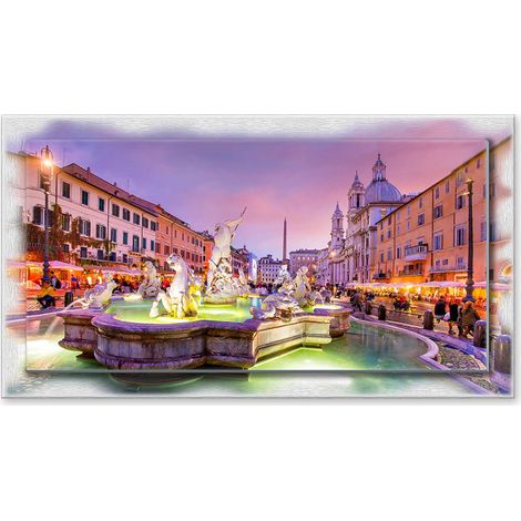 Lupia - Quadro moderno su Tela con Cornice stampata NEWEXT 75x135 cm, paesaggi localismi italiani, per casa soggiorno capezzale camera da letto hotel ufficio, ROMA PIAZZA NAVONA FONTANA NETTUNO (1/4)