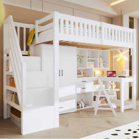 Lit mezzanine 90x200 cm blanc avec bureau armoire et rangements pour chambre enfant - CHICFURN (1/5)