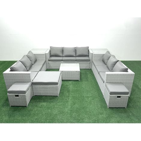 Fimous Ensemble de meubles de jardin en rotin 12 places avec Canapé 3 Tabourets 2 Tables d'appoint Gris clair mixte (1/5)