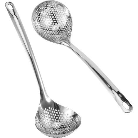 Cazo de cocina, juego de 2 piezas, cucharón colador de 30 cm, cuchara ranurada de acero inoxidable, espumadera para ollas con mango largo, apto para lavavajillas, cucharón con agujeros (1/5)