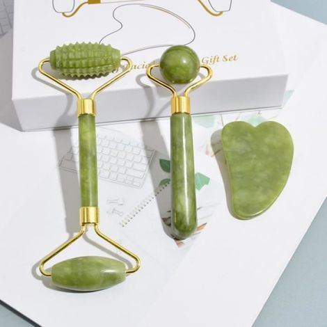 Set de Rouleaux de Massage Facial et de Gua Sha en Jade Rose, Rouleau Quartz Rose Pierre Naturelle pour Masseur Visage, Peau, Yeux, (1/4)