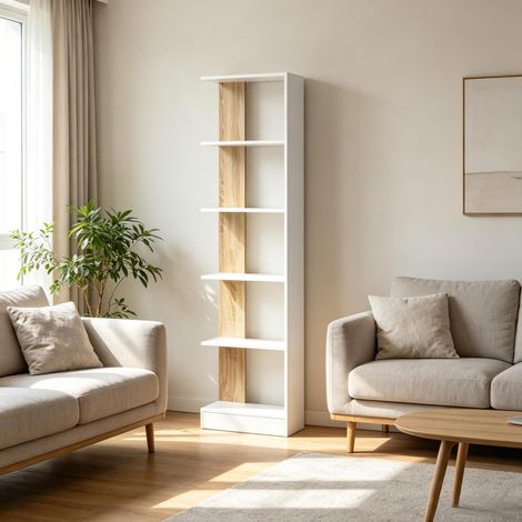 Bibliothèque 45x21x170 cm en bois blanc et chêne, gain de place pour bureau FloraGrace (1/5)