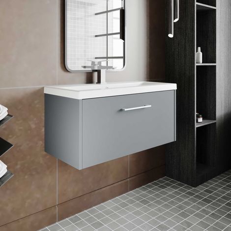 Hudson Reed Juno Matt Coastal Grey 800mm Wall Hung Single Drawer Vanity Unit and Curved Ceramic Basin - JNU2325G (1/5)