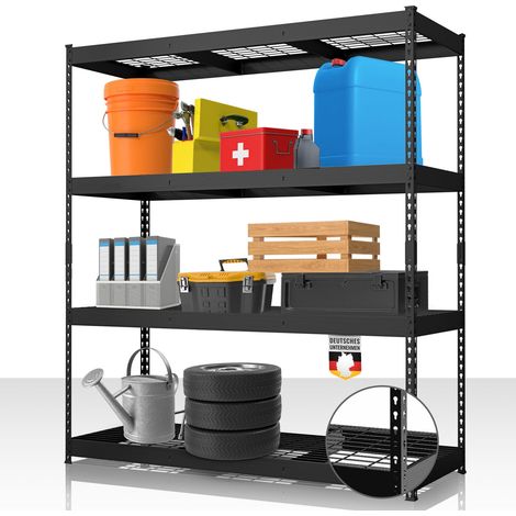 Étagère pour charges lourdes en acier avec tablettes grillagées Noir 180 x 160 x 60 cm, 4 étages, Charge maximale : 1400kg (1/4)