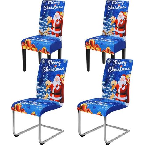 Housses de chaise extensibles Noël Père Noël lot de 4 bleues (1/5)