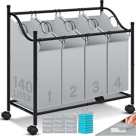 KESSER® Panier à linge Collecteur de linge Trieur de linge avec poches amovibles en tissu  Boîte à linge avec 12 indications de lavage Roulettes 360° avec frein Système de tri du linge  Gris / 4 compa