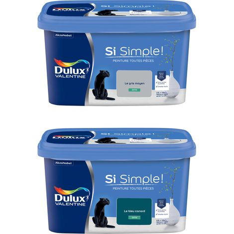 Dulux Valentine Peinture Si Simple Lot de 2 Peinture Intérieure Toutes Pièces Satin - Peinture Murs et Plafonds, Portes et Plinthes - Couleurs : Le Gris Moyen & Le Bleu Canard 2,5 L