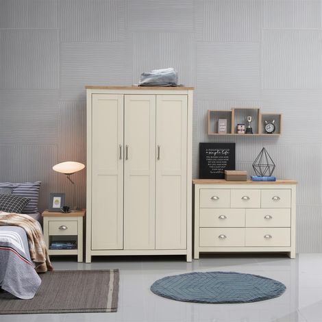 Cream 3 – Piece Bedroom Furniture Set 3 Door Wardrobe 3+2+2 Chest 1 Drawer Bedside Oak Top (1/5)