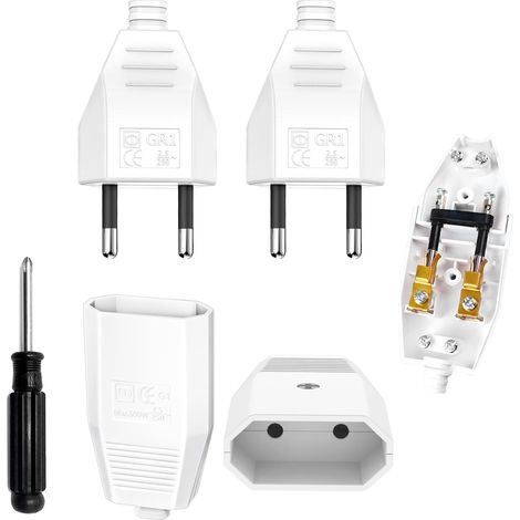 Pack of 4 European Flat Plugs 250 V - 2.5 A, 2 x Female 220 V and 220 V Female Plug with Screwdriver for Indoor Appliances - White (1/5)