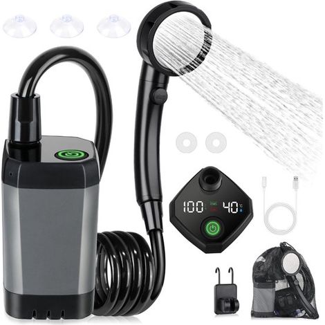 Doccia portatile da campeggio, con pompa ricaricabile da 6000 mAh, display LED intelligente, 4 modalità di getto, impermeabile (IPX7) per escursioni, viaggi, ecc. (1/5)