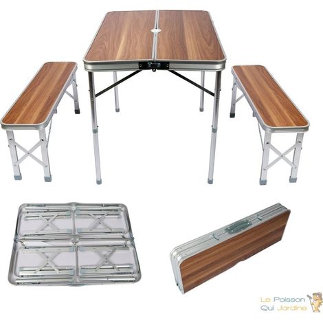 Ensemble de table pliante et bancs en aluminium pour le camping - Dimensions : 90x66x70 cm avec finition en bois (1/5)