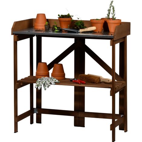 Table de Plantation Pliante en Bois Massif - Table de rempotage Pliable avec Plateau en Zinc - Table à Fleurs pour Jardin, terrasse, Balcon - 85 x 44 x 89 cm - Marron foncé (1/5)