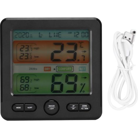 Termometro e igrometro digitale per interni con schermo LCD a colori, monitor di umidità a colori, orologio per temperatura per casa, garage, serra, cantina (nero) (1/5)
