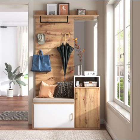 MEUBLIV Vestiaire d'entrée blanc et bois avec miroir, banc, patères et rangements muraux (1/5)
