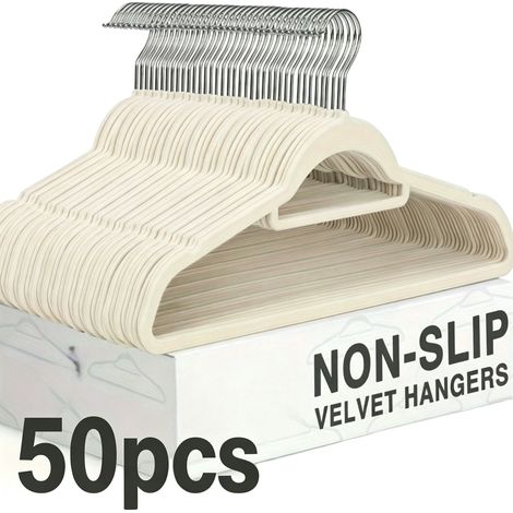 Percha de terciopelo, diseño antideslizante, gancho giratorio de 360°, color beige, 50 unidades. (1/2)