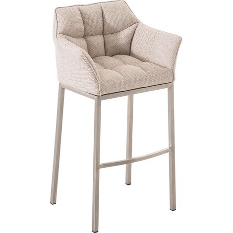 Sgabello da bar alto bancone sedia con cuciture quadrate seduta in tessuto color crema 4 gambe stabili in acciaio inossidabile 100004719