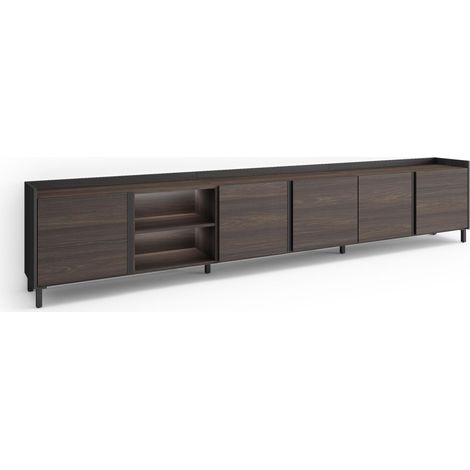 Skraut Home - Meuble TV, Banc Télé, Grand espace de Rangement, 309x35x61cm, Pour les TV jusqu'à 80", Design industriel, LED, Style moderne, Chêne foncé et Noir (1/5)