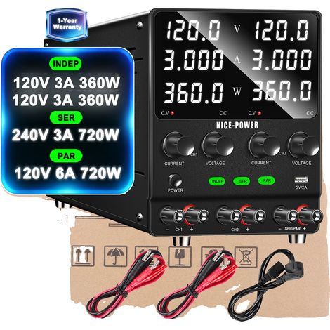 Fuente de alimentación de laboratorio de CC, doble canal, voltaje y corriente ajustables, 120V3A 240V3A 120V6A (1/2)