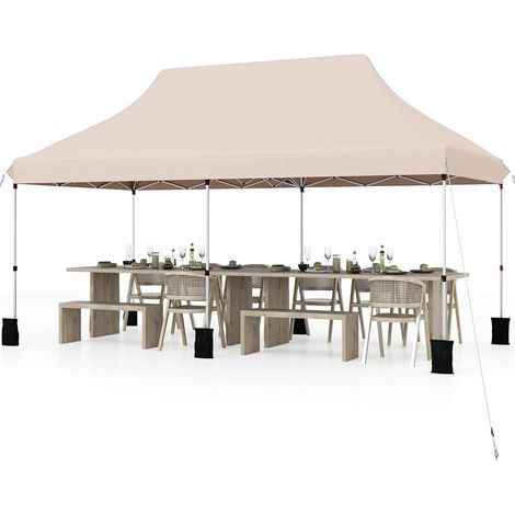 GOPLUS 3x6M Tonnelle Jardin Pliable, Hauteur Réglable, Entrées Zippées, Fenêtres, Sac de Transport, Sac Lesté Pavillon Portable Instantanée Pop-Up pour Fête,Mariage (Beigesans Bâche, 3x6M) (1/5)