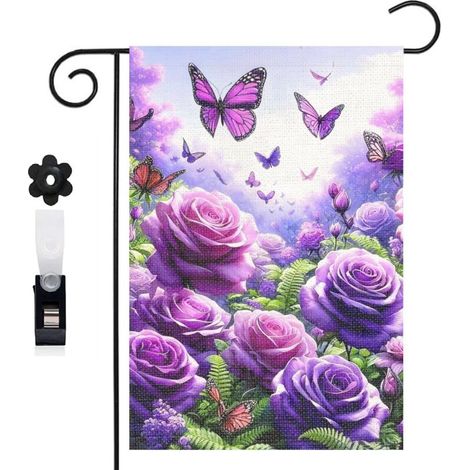Bannière de cour ambiance féerique et roses violettes 30 x 45 cm décoration maison de campagne (1/5)