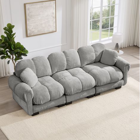 Divano 3 posti grigio chiaro in chenille con cuscini spessi, schienale ergonomico e design trapuntato (1/5)