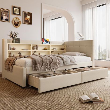 Méridienne 90x200 cm canapé-lit 1 place beige avec 2 tiroirs, ports USB/Type-C, rangement (lin + MDF)