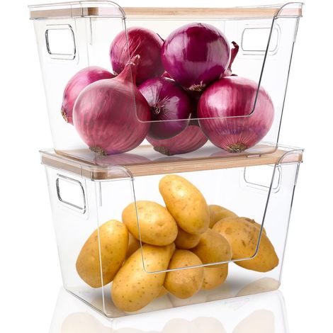 Ensemble de 2 organisateurs et rangements pour garde-manger - bacs de rangement empilables pour pommes de terre, oignons, ail, fruits, légumes, produits frais - organisateur de cuisine transparent ouv (1/5)