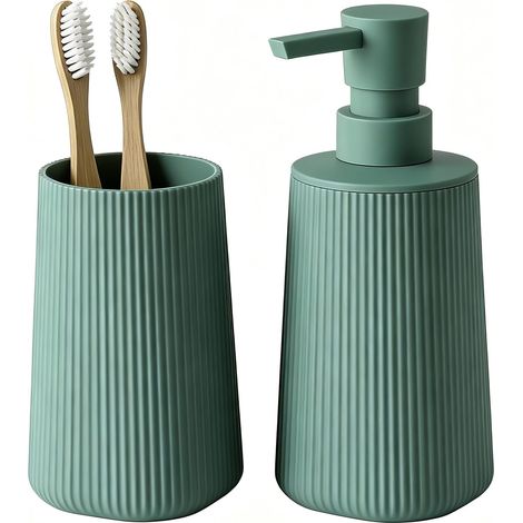 Lot de 2 accessoires de salle de bain - Distributeur de savon de 250 ml et gobelet à dents - Design moderne rainuré en plastique ABS - Pour lavabo et étagère de salle de bain - Vert (1/5)