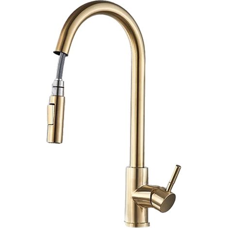 Robinet de cuisine, douchette extractible, design contemporain, Brosse dorée sans sens (1/2)