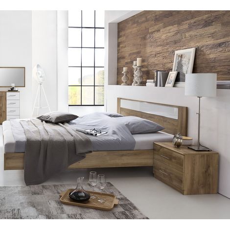 Pegane – Lit adulte avec 2 chevets en panneaux mélaminés imitation chêne – Dim: 180 x 200 cm – 2 tiroirs pratiques – Chambre complète