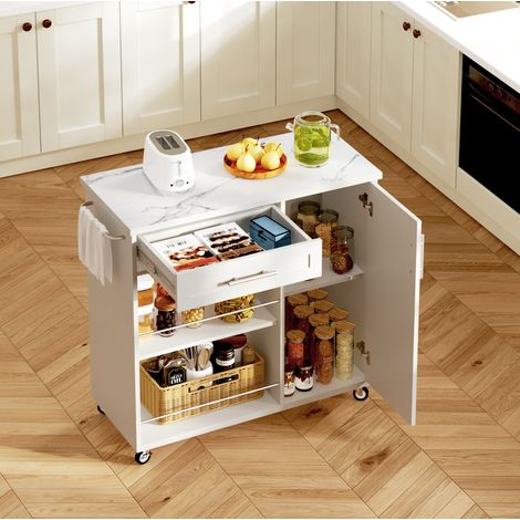 Chariot de cuisine blanc avec plateau effet marbre et roulettes, 90x62x90 cm (1/5)