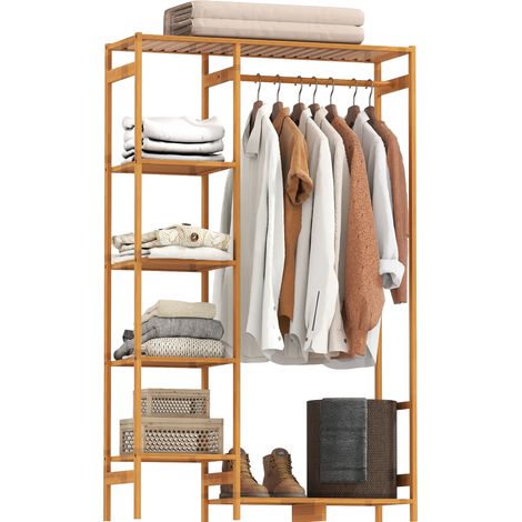Appendiabiti in Bambù con Scaffale a 6 Livelli e Barra Attaccapanni, 90x30x145 cm, Legno Naturale