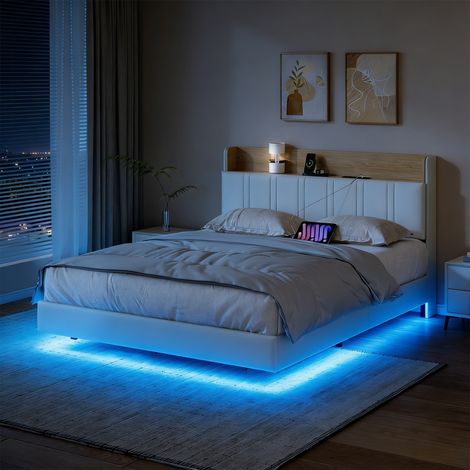 Lit adulte flottant 140x190 cm avec tête de lit de rangement et poches, éclairage LED, ports USB, similicuir blanc